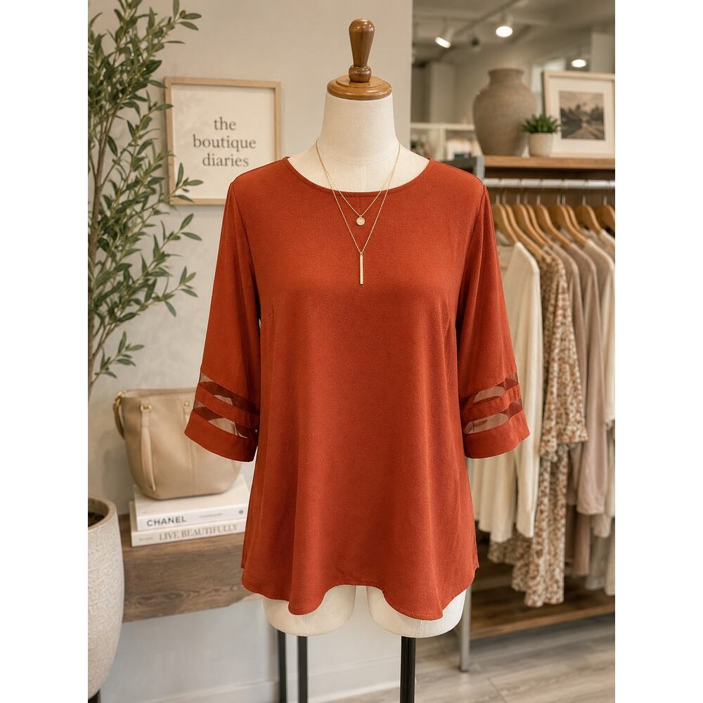 Maurices Rust Orange Mesh Sleeve Blouse Size Small Boho Minimalist Top